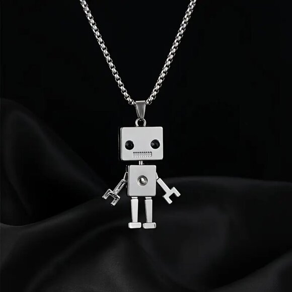 Silver Robot Pendant Necklace Cute Cartoon Toy Figure Geek Gamer Gift Unisex - Picture 2 of 7